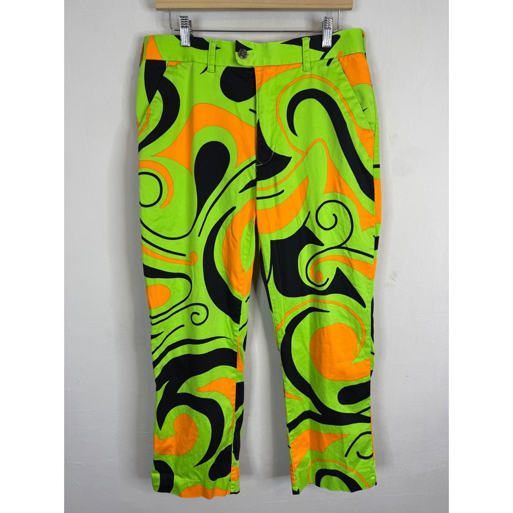 Loudmouth Golf Mens 34x30 Neon Green Orange Psychedelic‎ Swirl Stretch Pants